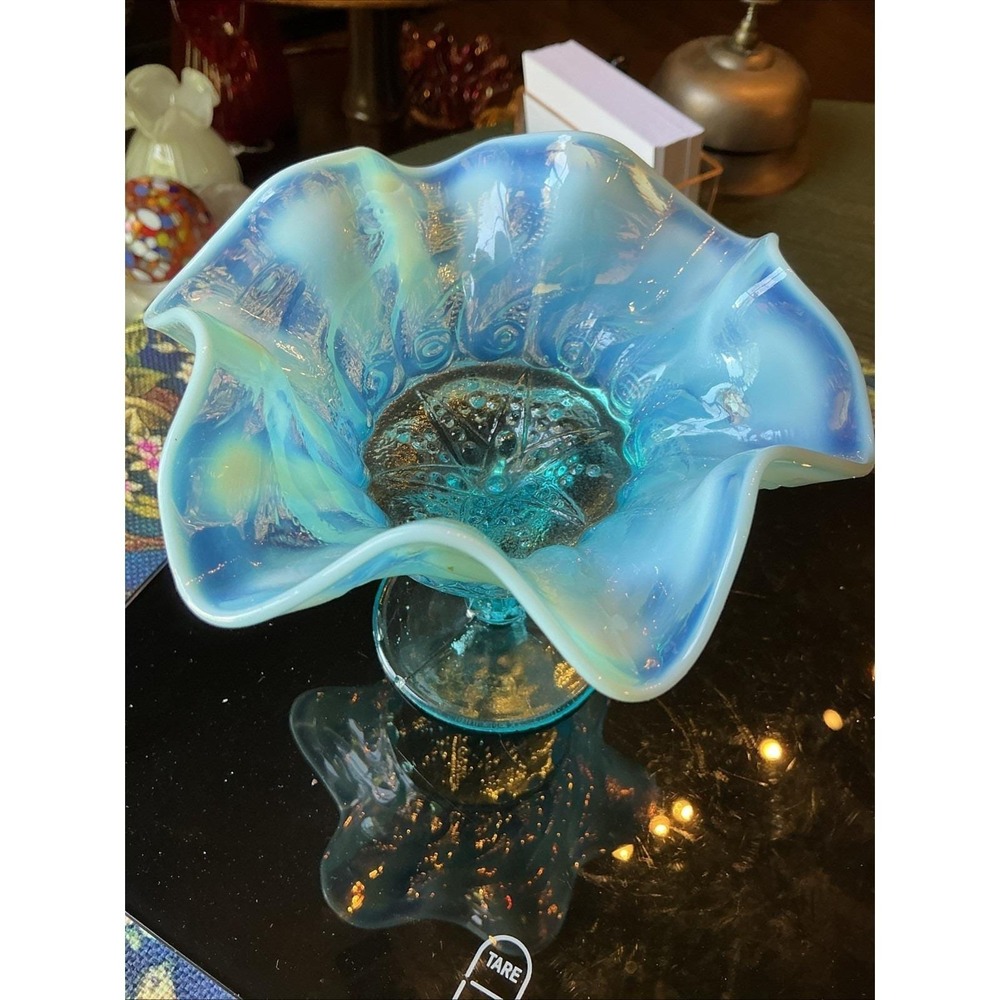 Scarce 5.5" Antique Dugan Blue‎ Opalescent Constellation Glass Compote